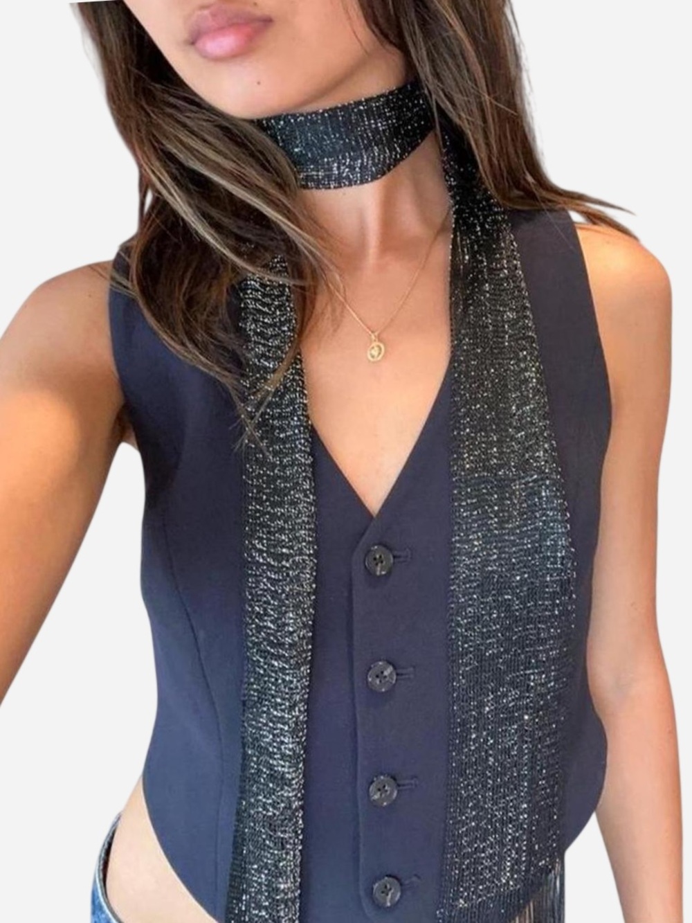 Black and silver sequin scarf with fringe